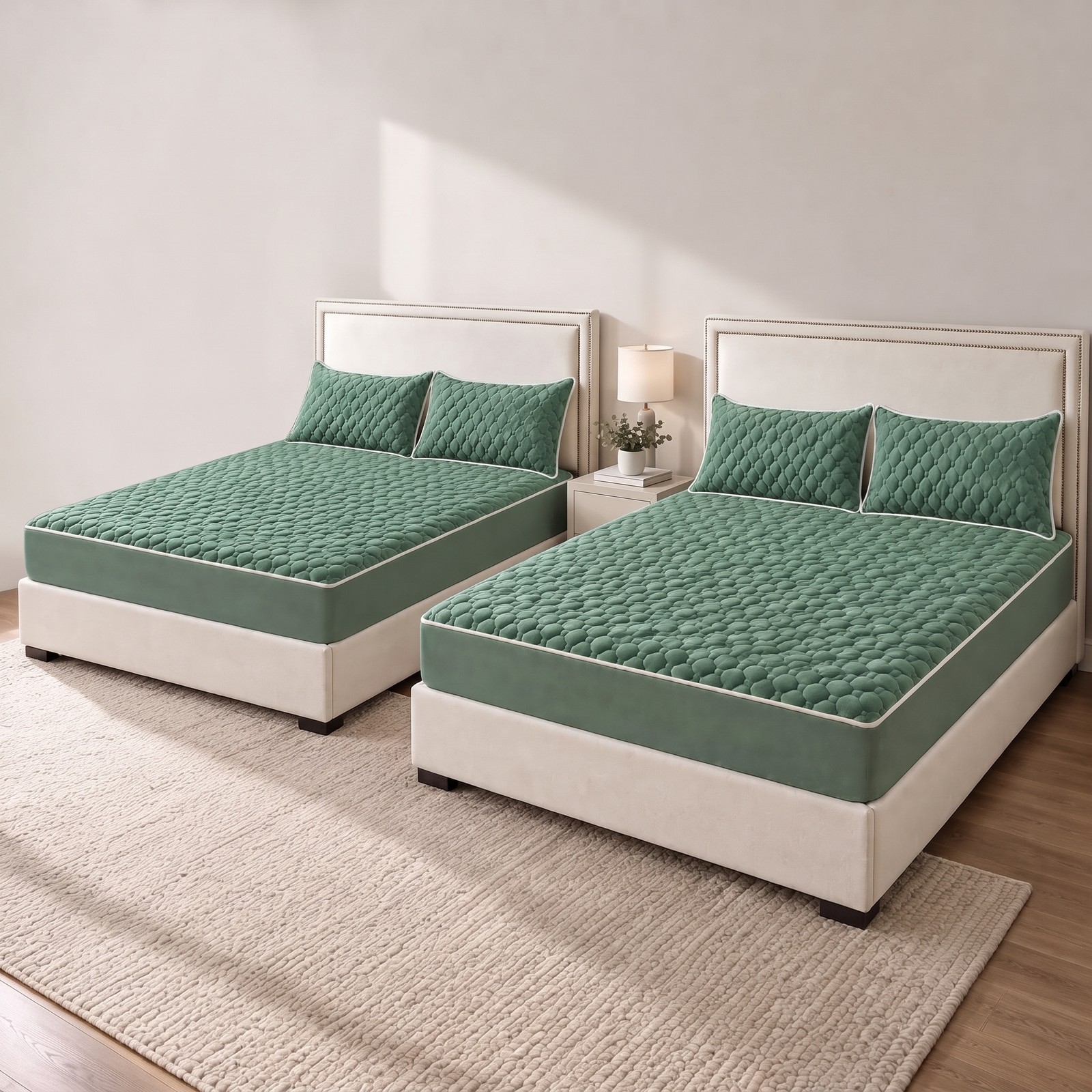 SOGA 2 Pack Green Queen Clover Quilted Fleece Mattress Cover Sets with 4 Pillowc