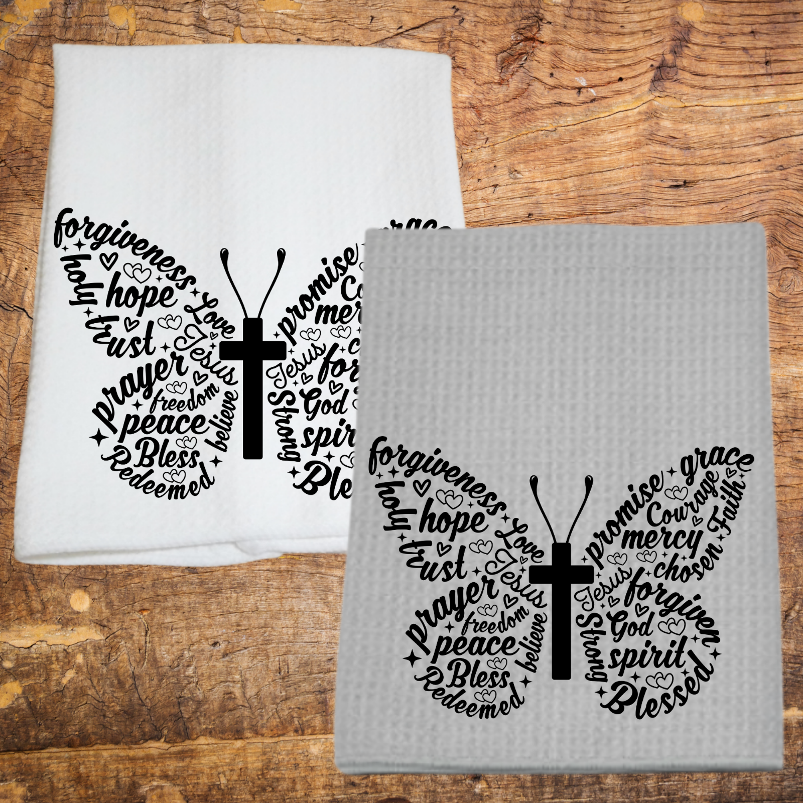 Religious Kitchen Towel Butterfly Cross Word Art Gray White 16...