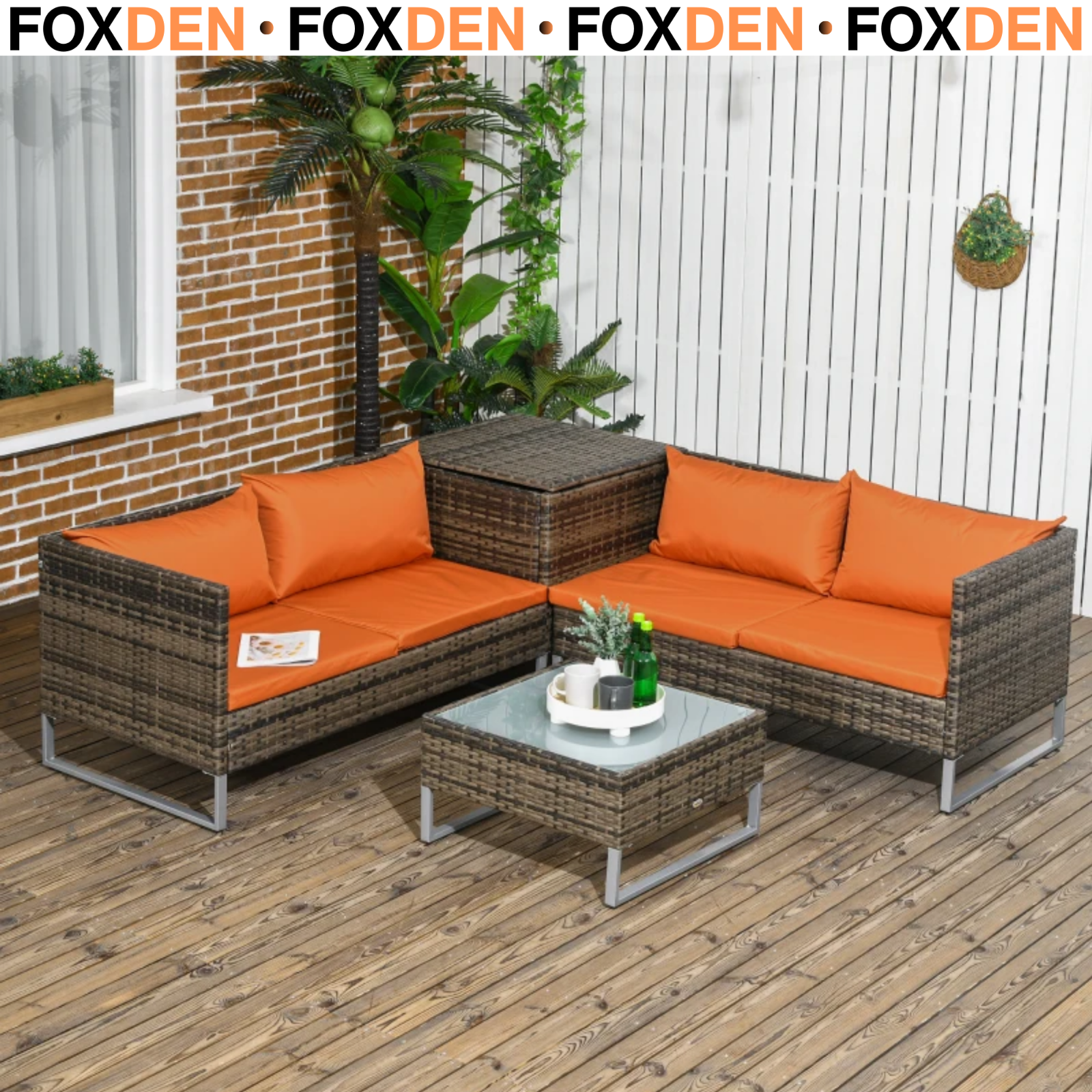 4 Piece Rattan Garden Furniture Set with Corner Sofa Loveseat Table and Cushions