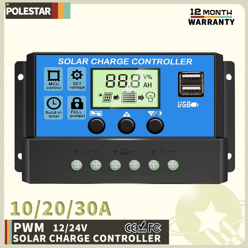 12V 24V PWM Solar Charge Controller with Adjustable LCD Display Dual USB Port Ti