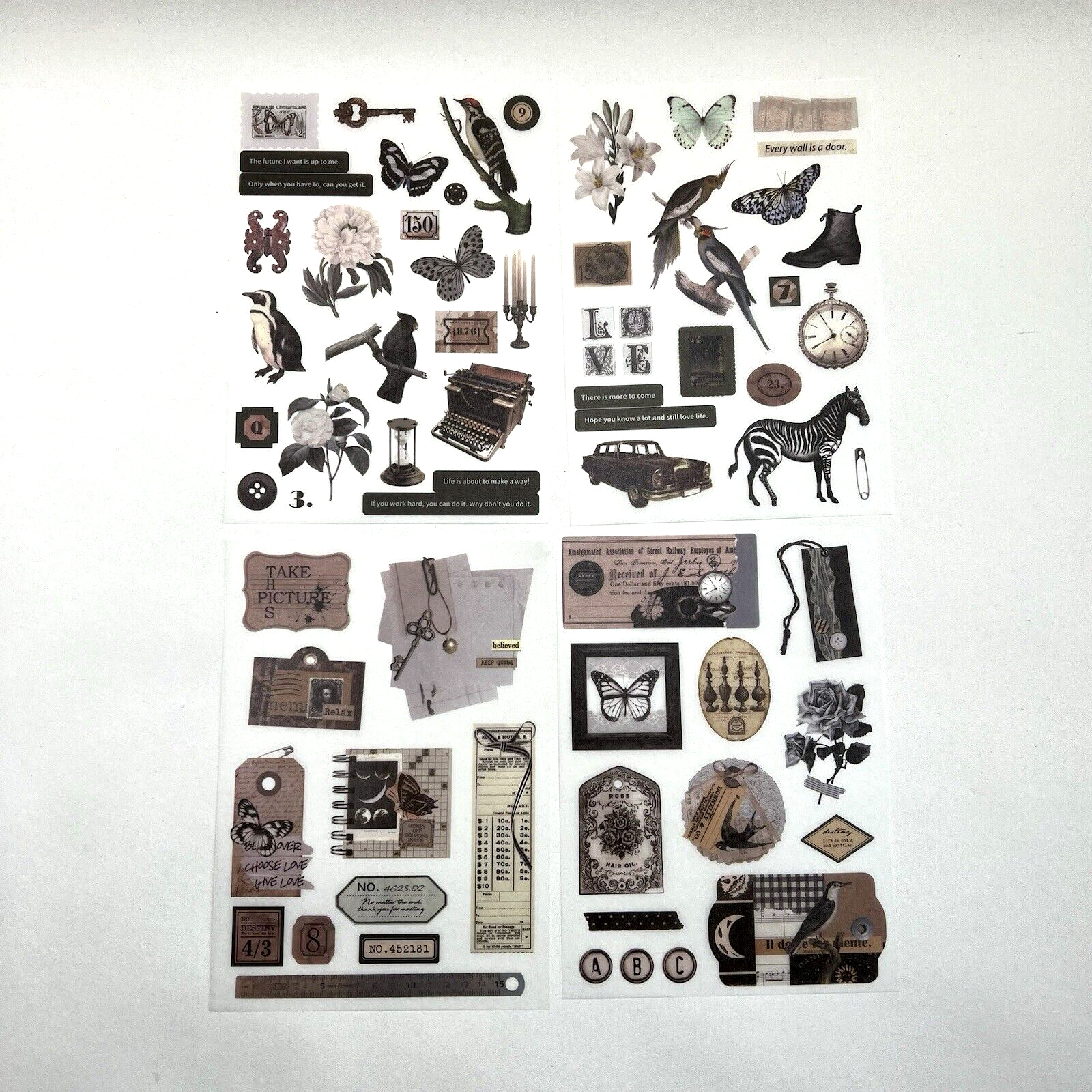 Vintage Style Black Garden Washi Paper Stickers 4 Sheets Junk Journal Collage
