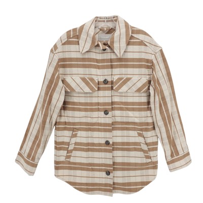 EVERLANE Shirt Jacket 100% Cotton Beige Tan Plaid Stripe Size MEDIUM