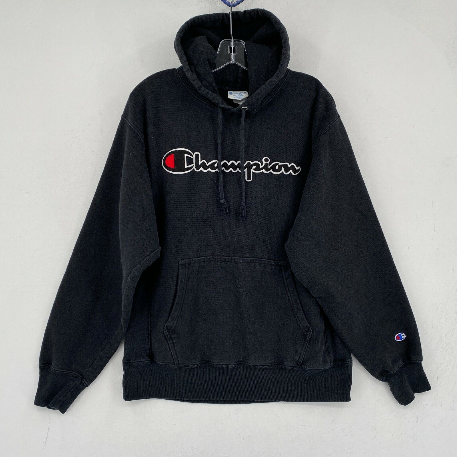 Champion Reverse Weave Hoodie Mens Large Black Sewn Logo Spellout vtg 90s Y2K Champion Reverse Weave Hoodie Mens Large Black Sewn Logo Spellout vtg 90s Y2K