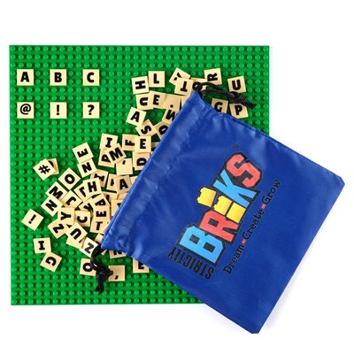 AlphaBriks and 10x10 Green Baseplate - 100 2x2 Alphabet Letter Bricks