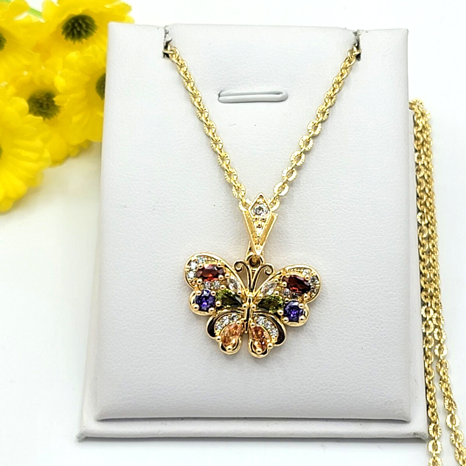 14K Gold Plated Woman Multicolor Crystals Butterfly Pendant & Chain. Resilience.