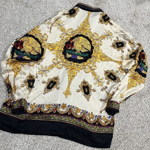 Creme De Silk Shirt Large VTG 90s Mexican Eagle Flag Gold Long