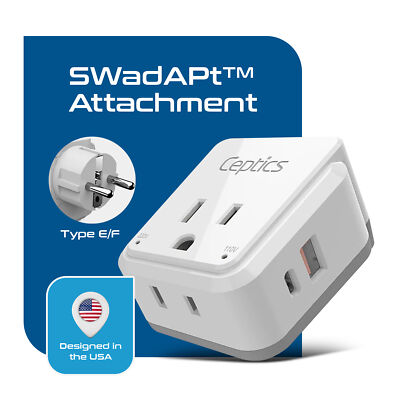 Ceptics Germany, Korea Travel Plug Adapter - With Type E/F SWadAPt Attachments