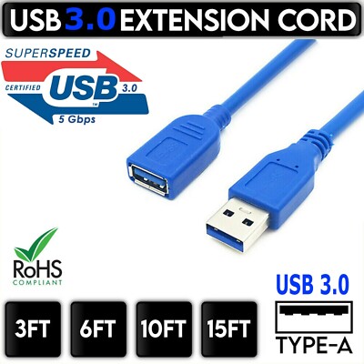 USB 3.0 Extension Extender Cable Cord M/F Standard Type A Male to Female Blue