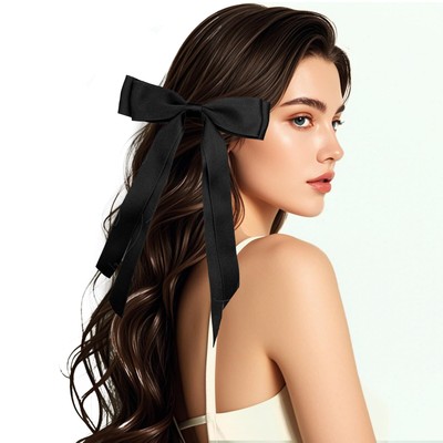 Hair Clip Hair Bow - Black French Style Metal With Tassel Ribbon Bowknot Tail...
