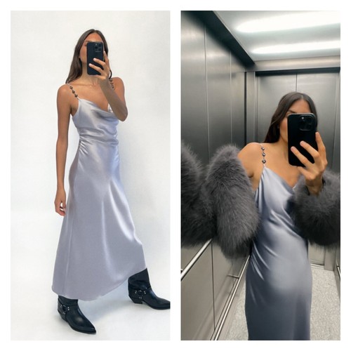 Zara Silver Gray Beaded Strap Cowl Neck Satin Midi Slip Zara Silver Gray Beaded Strap Cowl Neck Satin Midi Slip