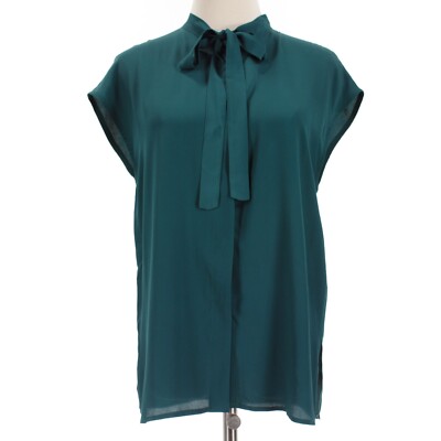 Beatrice B NWT Short Sleeve Button Down Tie Neckline Top Size 40 US 2 in Teal