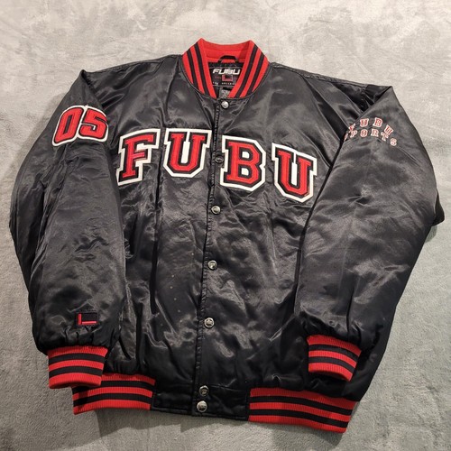 Rare Vintage FUBU Satin Varsity Bomber Jacket 05 Mens Size XL Black Red Read 18 690 404360648871
