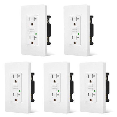 GFI GFCI Outlet 20 Amp Self-Test Duplex Receptacle LED Indicator ETL w/Plate × 5