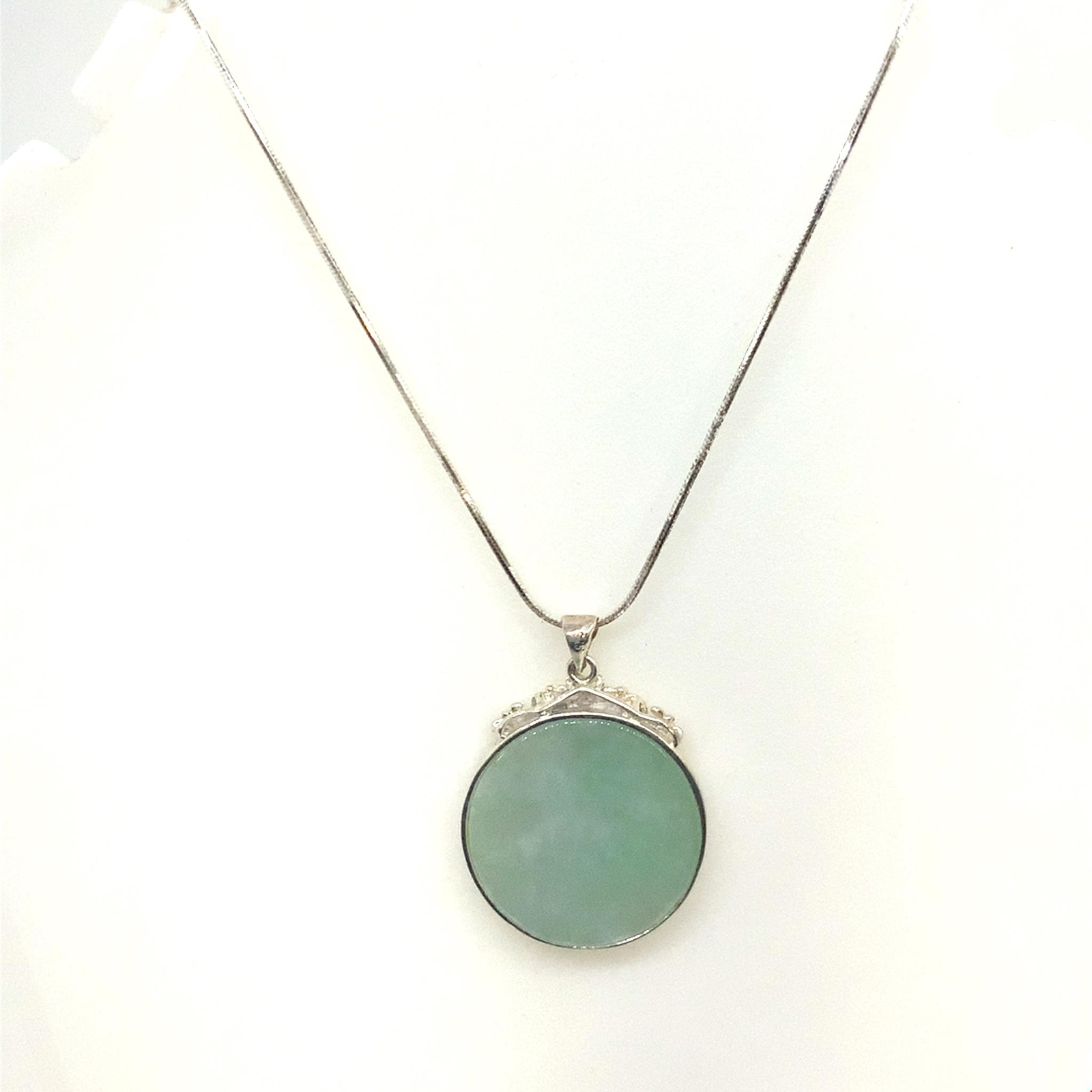 Vintage Sterling Sign 925 Italy Jadeite Reversible Pendant Chain Necklace 19 1/4