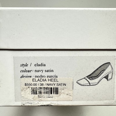 Pre-owned Pedro Garcia Eladia 38 Eu Navy Silk Satin Low Block Heel Slip On Pump $550 In Blue