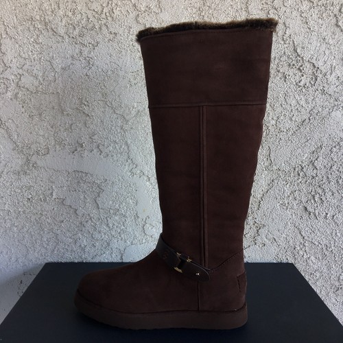 Pre-owned Ugg Classic Berge Tall Dark Toast Suede Shearling Knee High Boots Size 9 Women