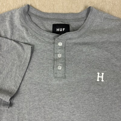 HUF Shirt Mens Large Henley Short Sleeve Gray Essentials Premium Casual USA