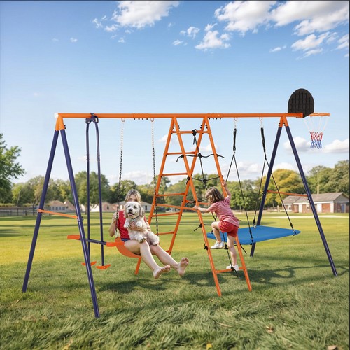 6-in-1 Kids Swing Set Backyard Playground Set Metal Swings Set for Kids Outdoor