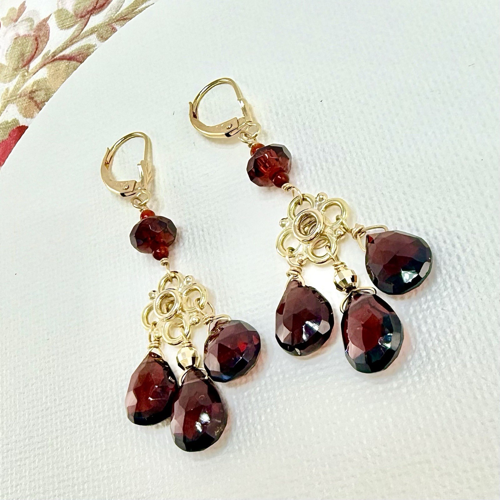 14k Yellow Gold Genuine Garnet Chandelier Dangle/Drop Earrings, New, 2.10