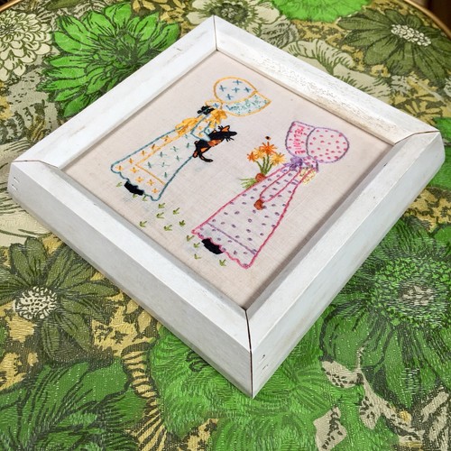 Finished Embroidery Sisters Friends in Garden Bonnet Vtg Completed Framed 6.25"