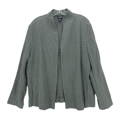 EILEEN FISHER Textured Open Jacket Green/Gray Viscose Wool Silk EUC Size XL
