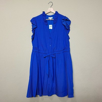 NWT on 34th dress women 1X flutter sleeve shirtdress button down lined blue