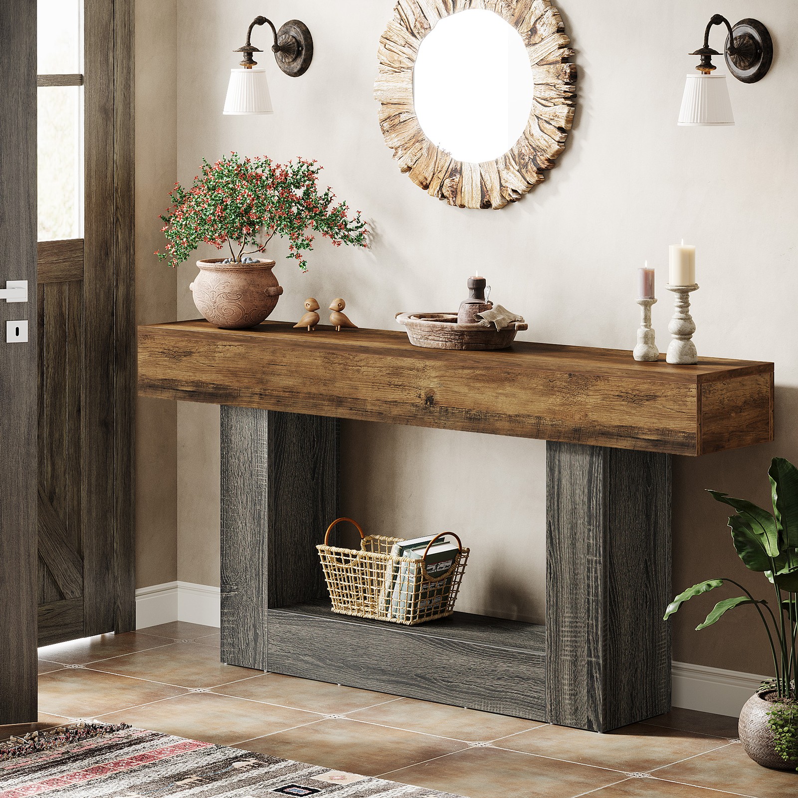 US ビンテージ テーブルトレイ(アジャスタブル) 63-Inch Farmhouse Console Table, 2-Tier Entryway Table with