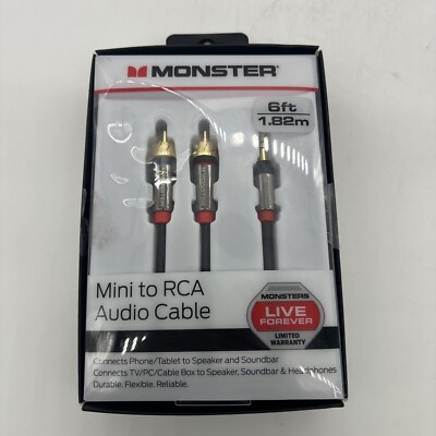 Monster 6-FT Mini to RCA Audio Cable 3.5mm Phone Tablet Speaker TV PC HQ 1.82M 