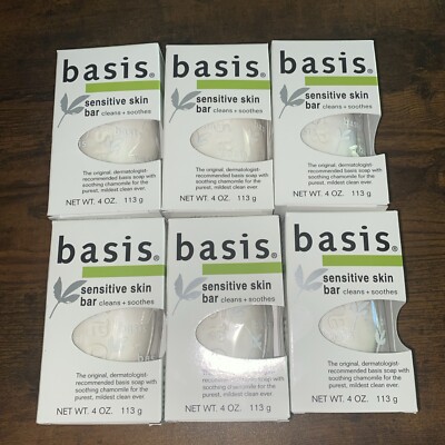 6 Bars Basis Sensitive Skin Soap - Cleans &  Soothes with Chamomile & Aloe Vera