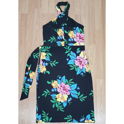 Lauren Ralph Lauren size 6 floral jersey halter dress black multi shift pencil