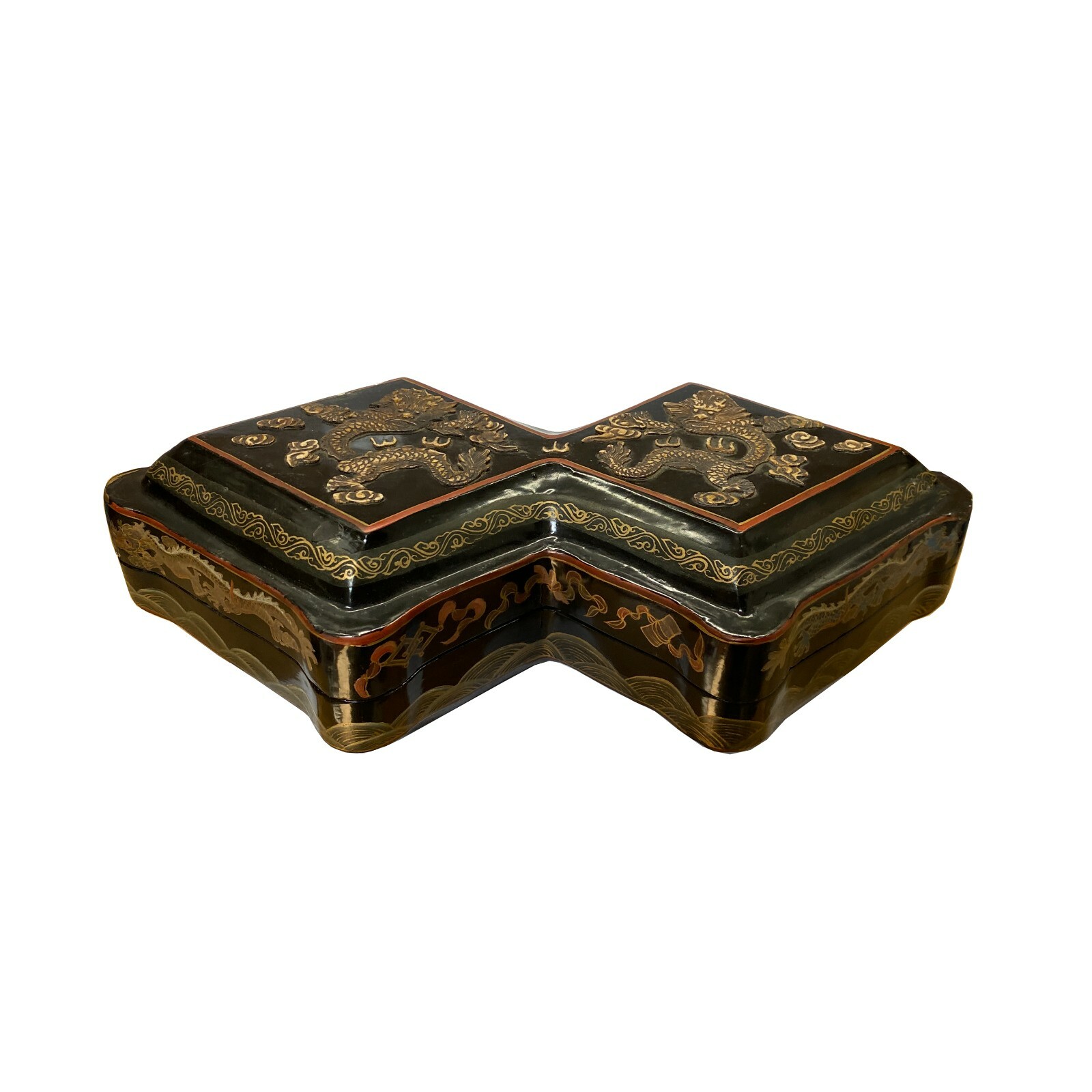 Chinese Distressed Black Lacquer Double Rhombus Dragons Box ws2023S Chinese Distressed Black Lacquer Double Rhombus Dragons Box ws2023S