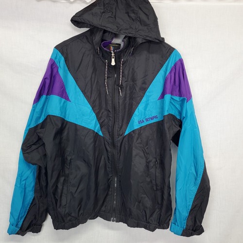 Vtg Team Usa Olympics Jacket Size L Black Teal Purple Full