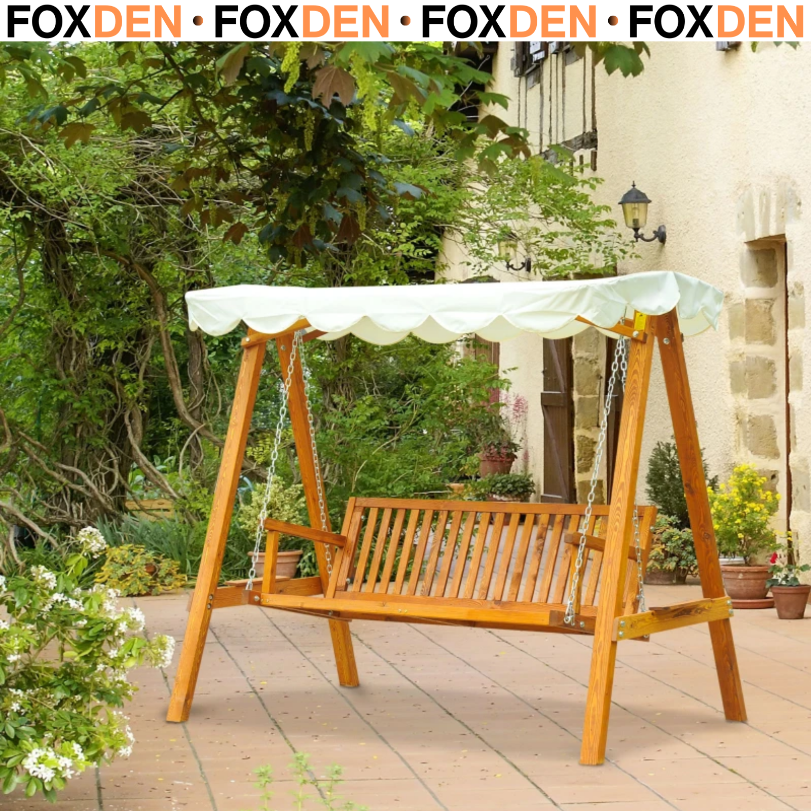 3 Seater Wooden Garden Swing Bench Outdoor Patio Chair w/ Backrest Canopy White