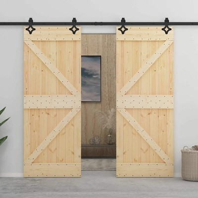 Sliding Door 2 pcs Natural and Black Solid Pine Wood