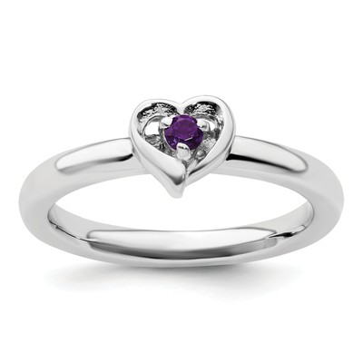 Solid Sterling Silver Stackable Expressions Amethyst Heart Ring - Ring Size 7.0