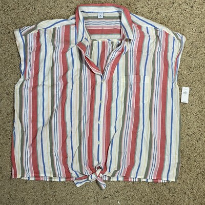 Old Navy Womens XXL White Blue Red Green Striped Tie Knot Front Top