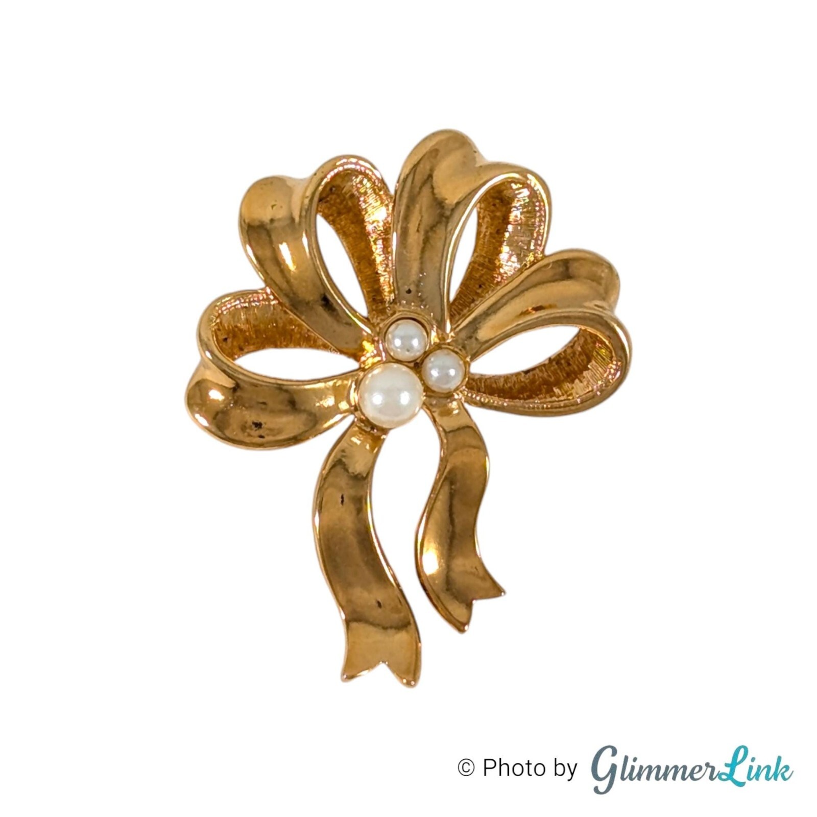 Vintage 90s Avon Pearly Bow Ribbon Faux Pearl Gold Tone