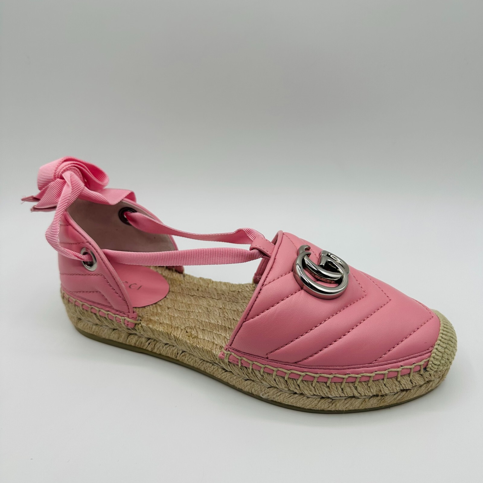 Pre-owned Gucci Women's Pink Leather Raffia Gg Marmont Espadrille Flat Sandals 628148 5815