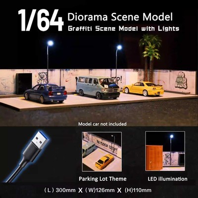1:64 Car Garage Model LED Lighting Open Air Car Parking Lot Diorama Scene Model