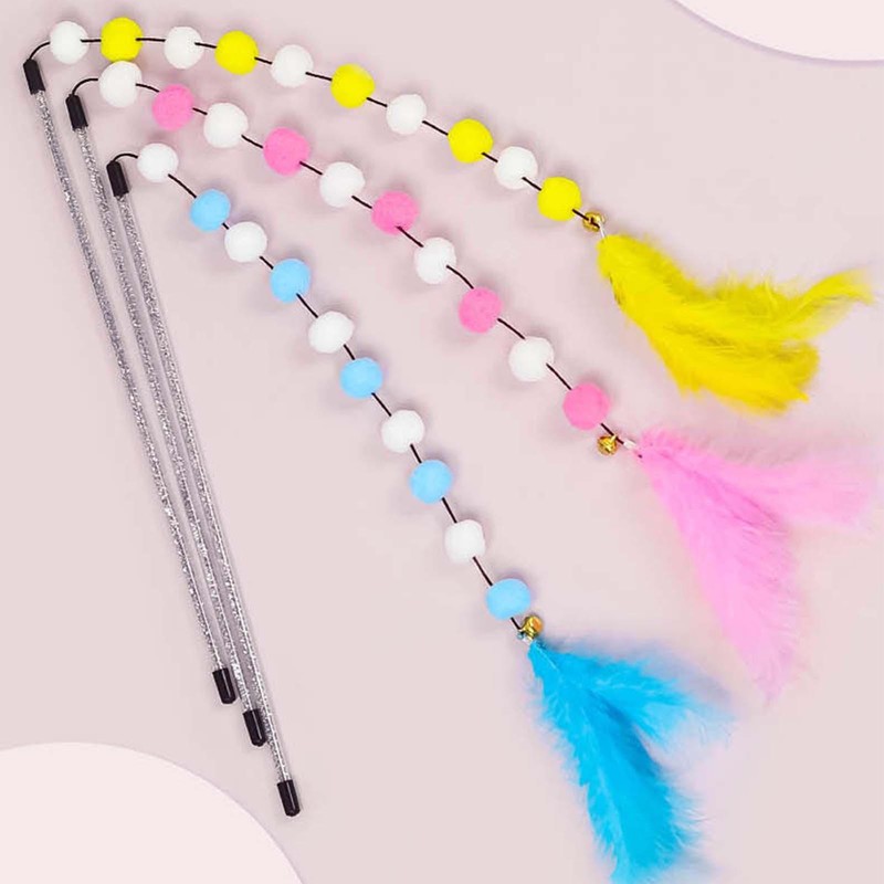 Cat Feather Wand Stick Cat Teaser Toy Kitten Toy Dangle Bell Interactive Toy