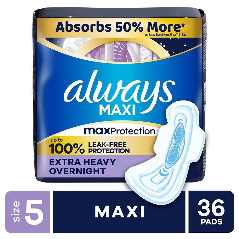 Maxi Pads with Wings, Size 5, Extra Heavy Overnight, 36 Count