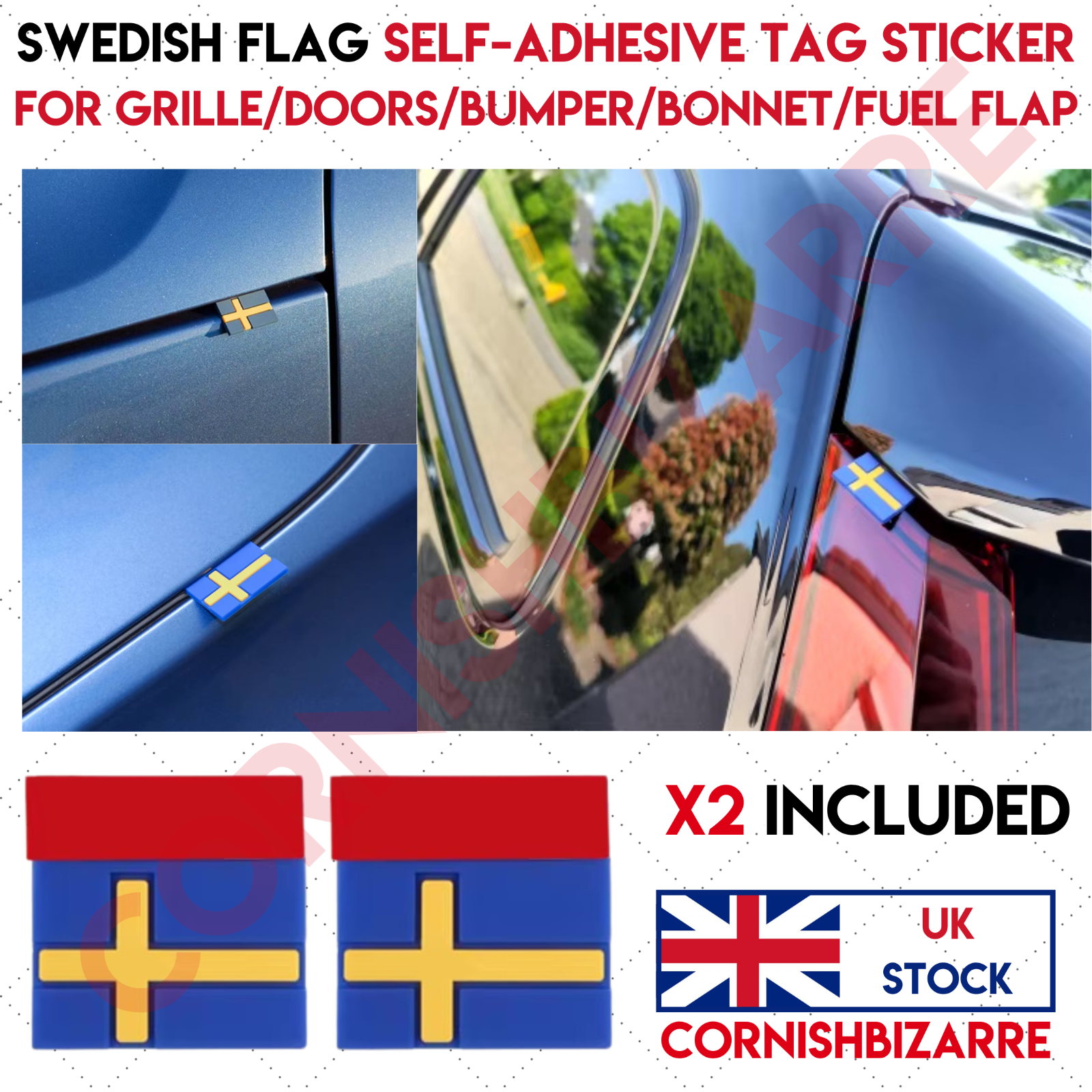 x2 SWEDISH FLAG RUBBER TAG BADGE SELFADHESIVE STICKER SWEDEN VOLVO SAAB POLESTAR