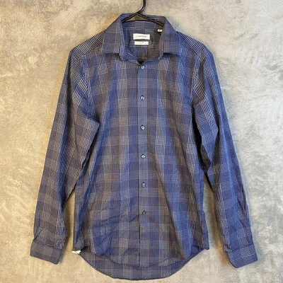 Calvin Klein Button Down Mens M Steel+ Blue Micro Check Stretch Non-Iron EUC