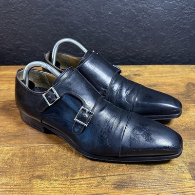 Magnanni 11677 Black Leather Double Monk Strap Cap Toe Dress Shoes Mens 8