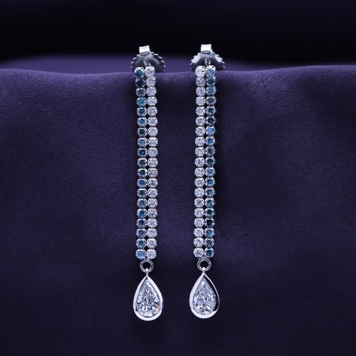 2.50 Ct Two Row Drop Earrings in 14k White Gold Blue & White Lab Grown Diamond