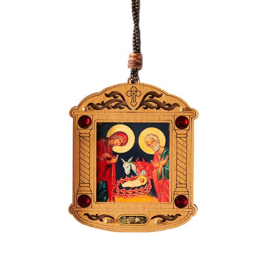 Holy Family Car Room Christmas Tree Wooden Icon Shrine Pendant Ornament on Rope