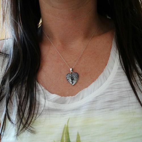 Angel Wings Heart Necklace - 925 Sterling Silver - Pendant Wing Memorial Love
