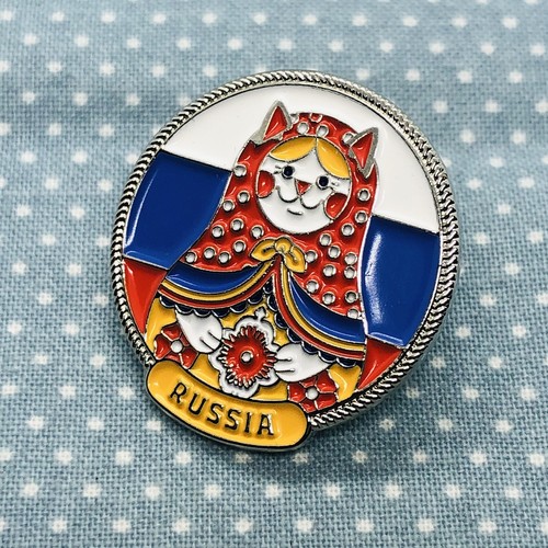 Kitty Cat in Disguise as Russian Doll Souvenir Lapel Pin w/ Russia Flag