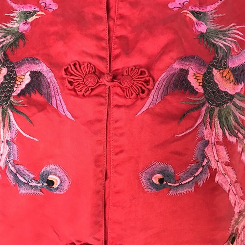 Vintage Chinese Golden Bee Red Kimono Robe Sz 40 Frog Buttons Embroidery Birds