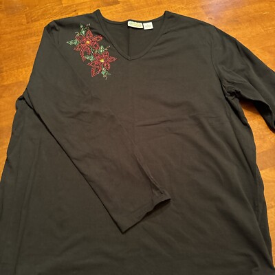 Ladies Collections Etc Christmas Black w/rhinestone Poinsettia XL- NWOT